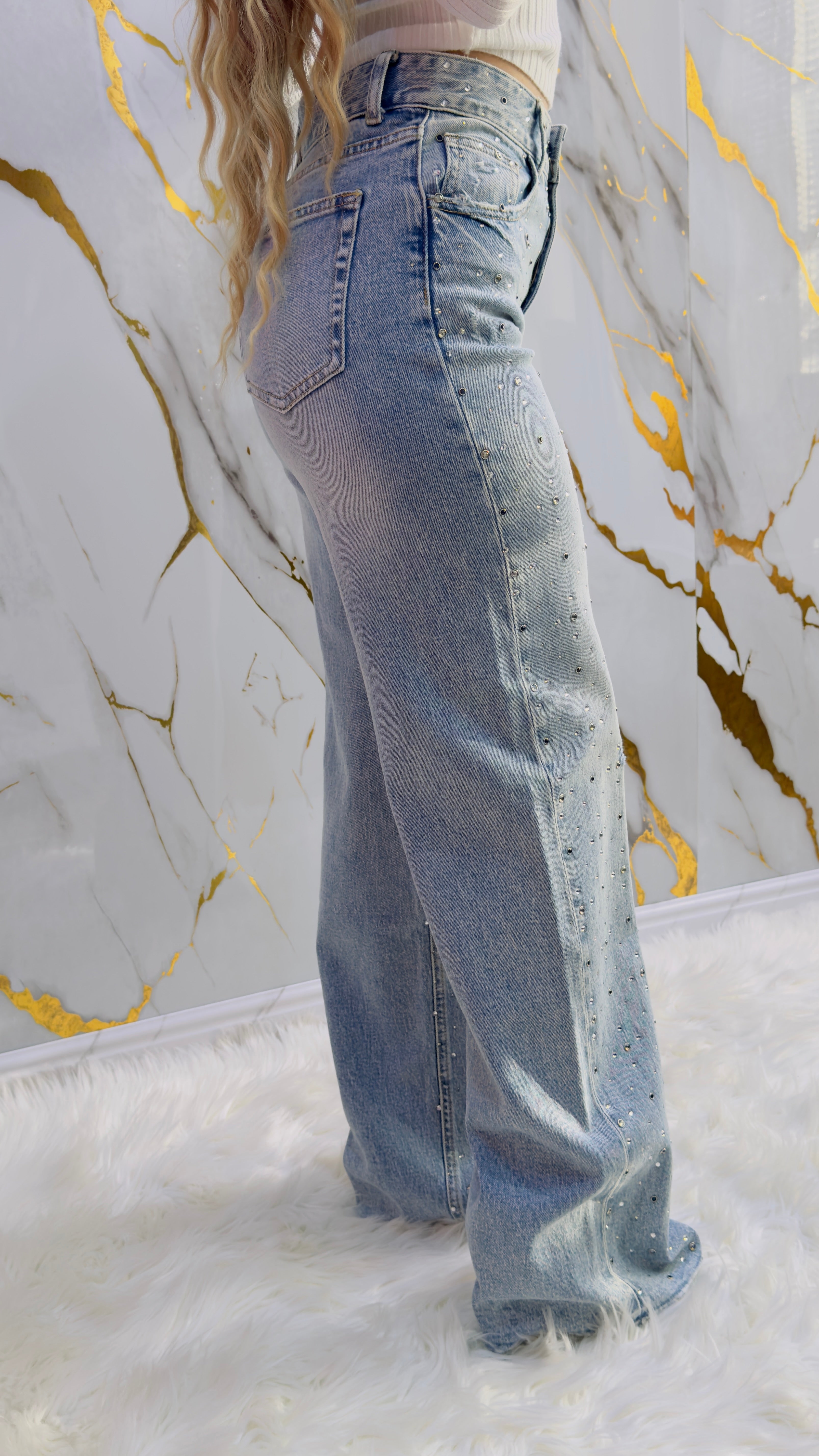 Jeans a palazzo Top con applicazioni strass leggermente elasticizzato