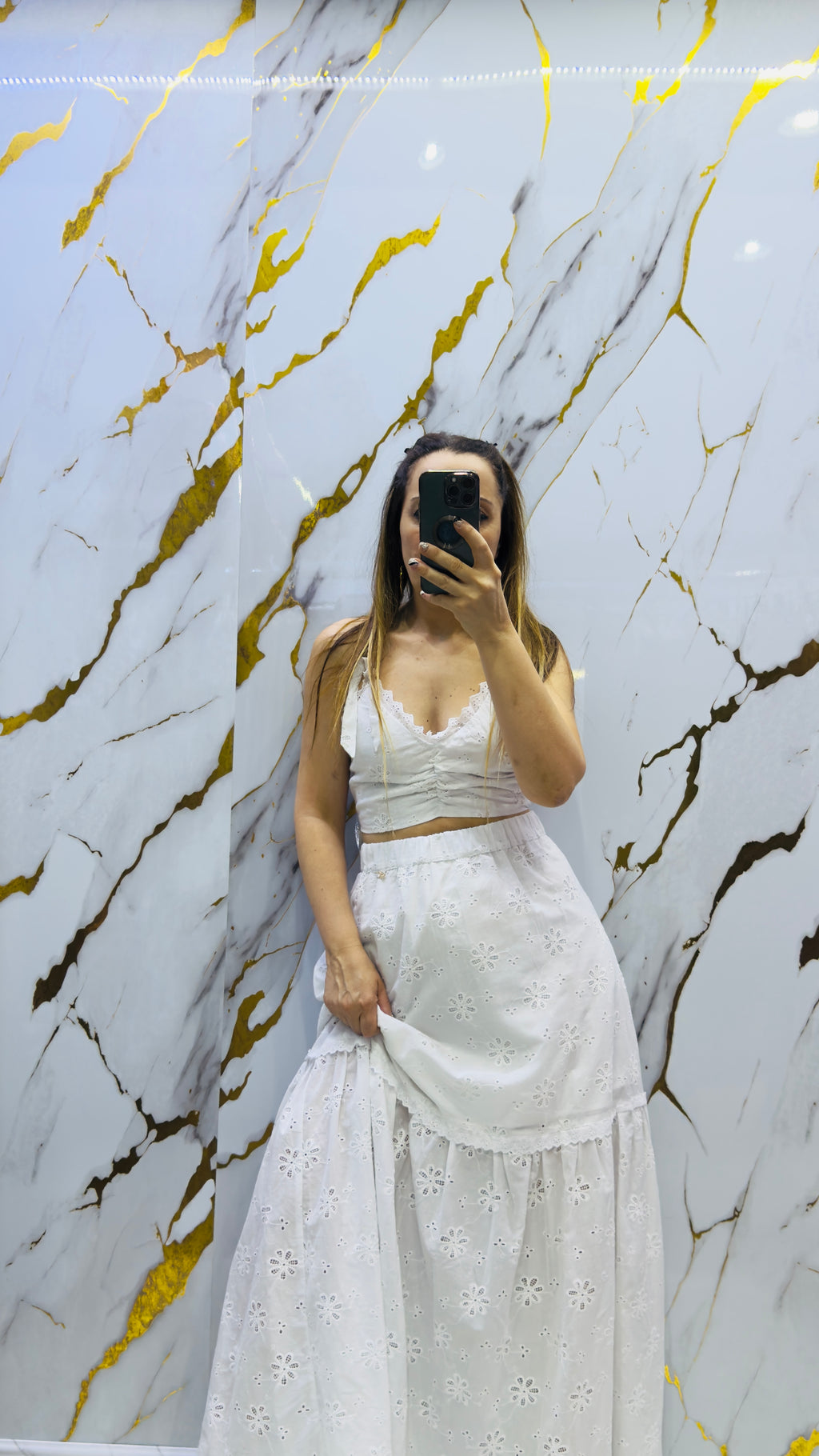 Coordinato gonna lunga e top Sarah Chole in pizzo San gallo totalmente in cotone