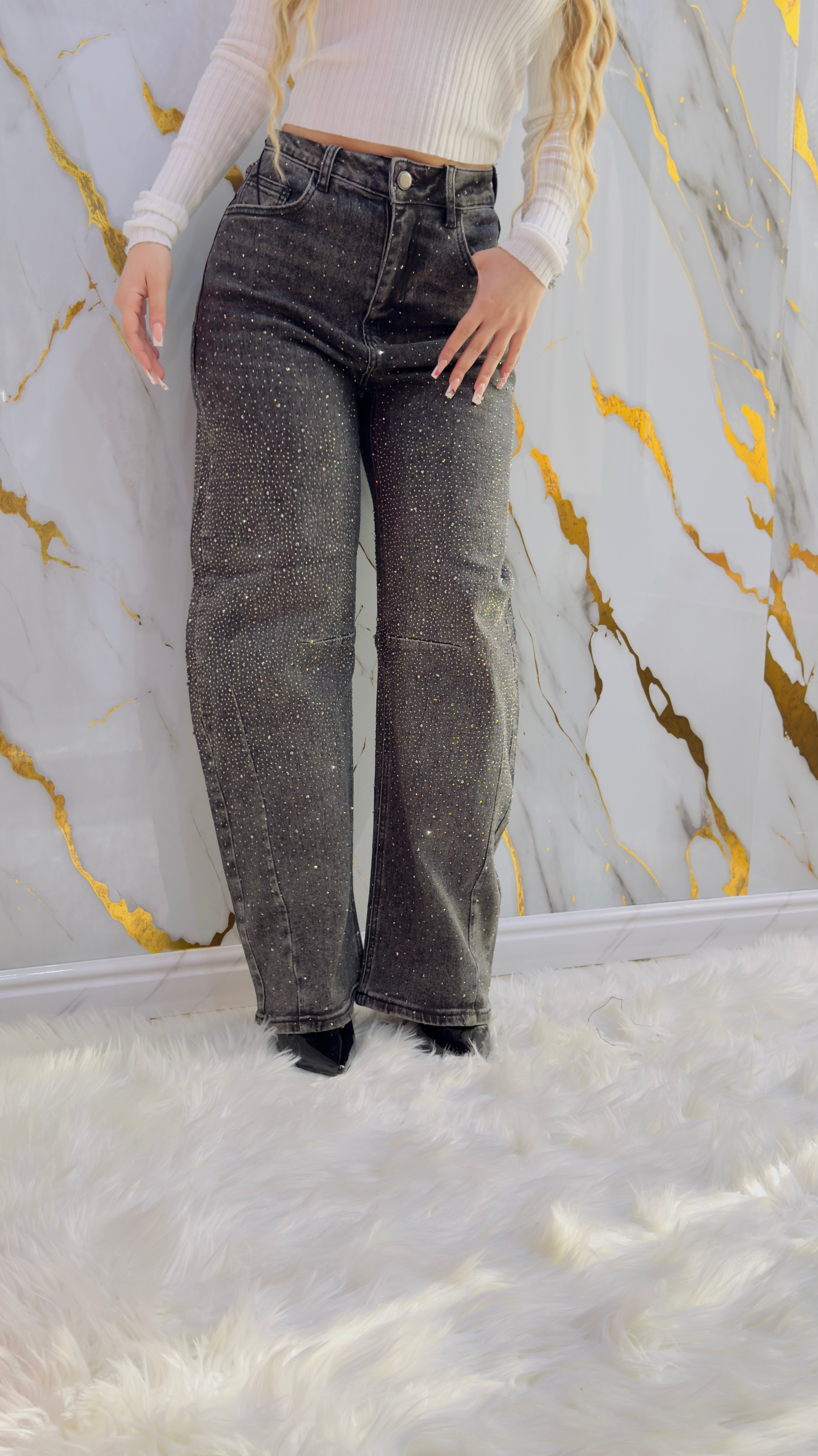 Jeans balloon Top elasticizzato grigio con applicazioni