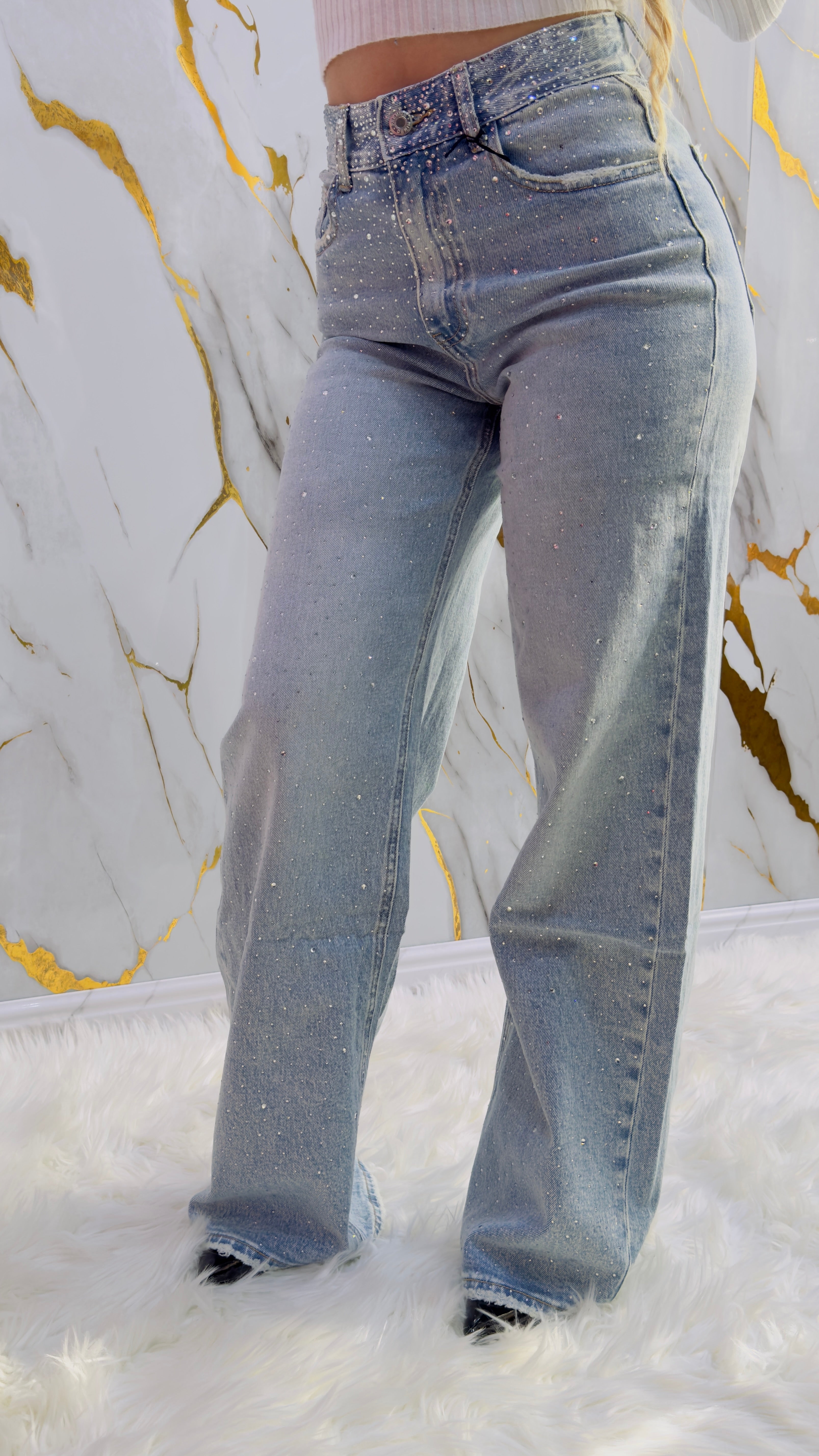 Jeans a palazzo Top leggermente elasticizzato con applicazioni di strass