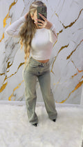 Jeans a palazzo Top elasticizzato con applicazioni in strass colore beige