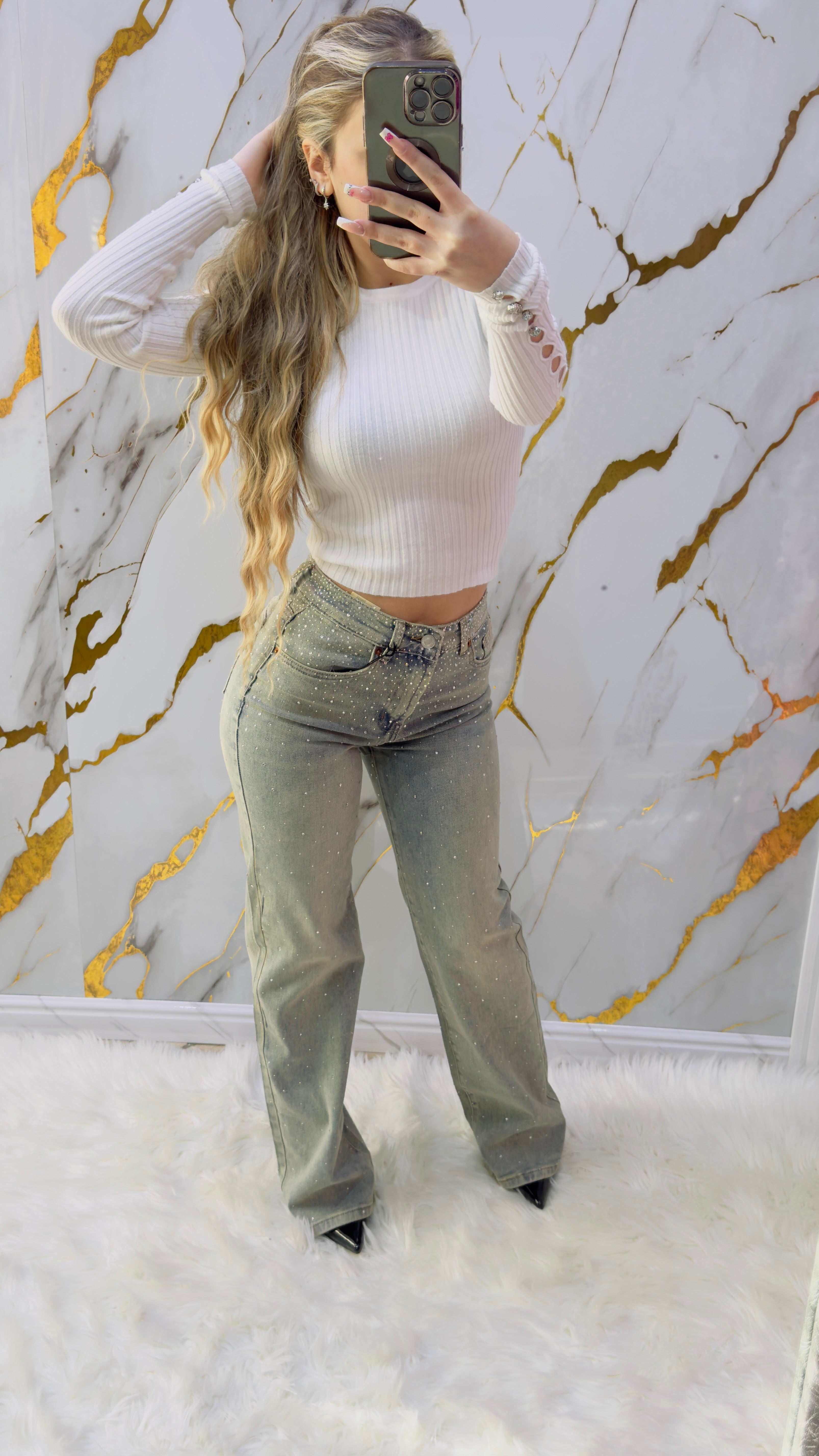 Jeans a palazzo Top elasticizzato con applicazioni in strass colore beige