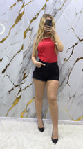 Short di jeans elasticizzato con applicazioni in strass tono su tono