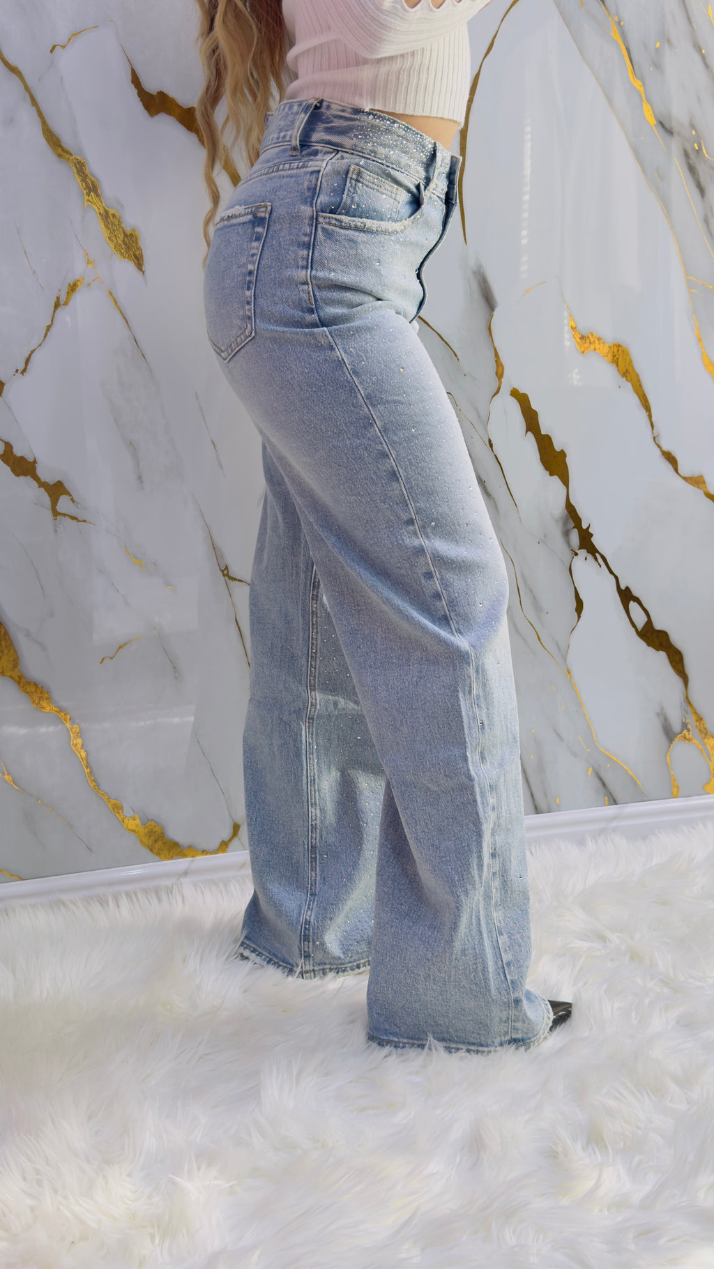 Jeans a palazzo Top leggermente elasticizzato con applicazioni di strass