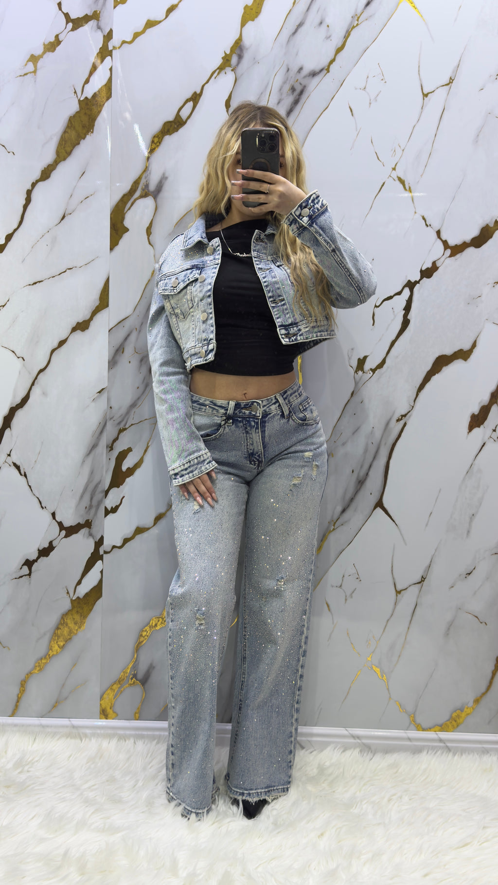 Jeans top a palazzo con applicazioni strass
