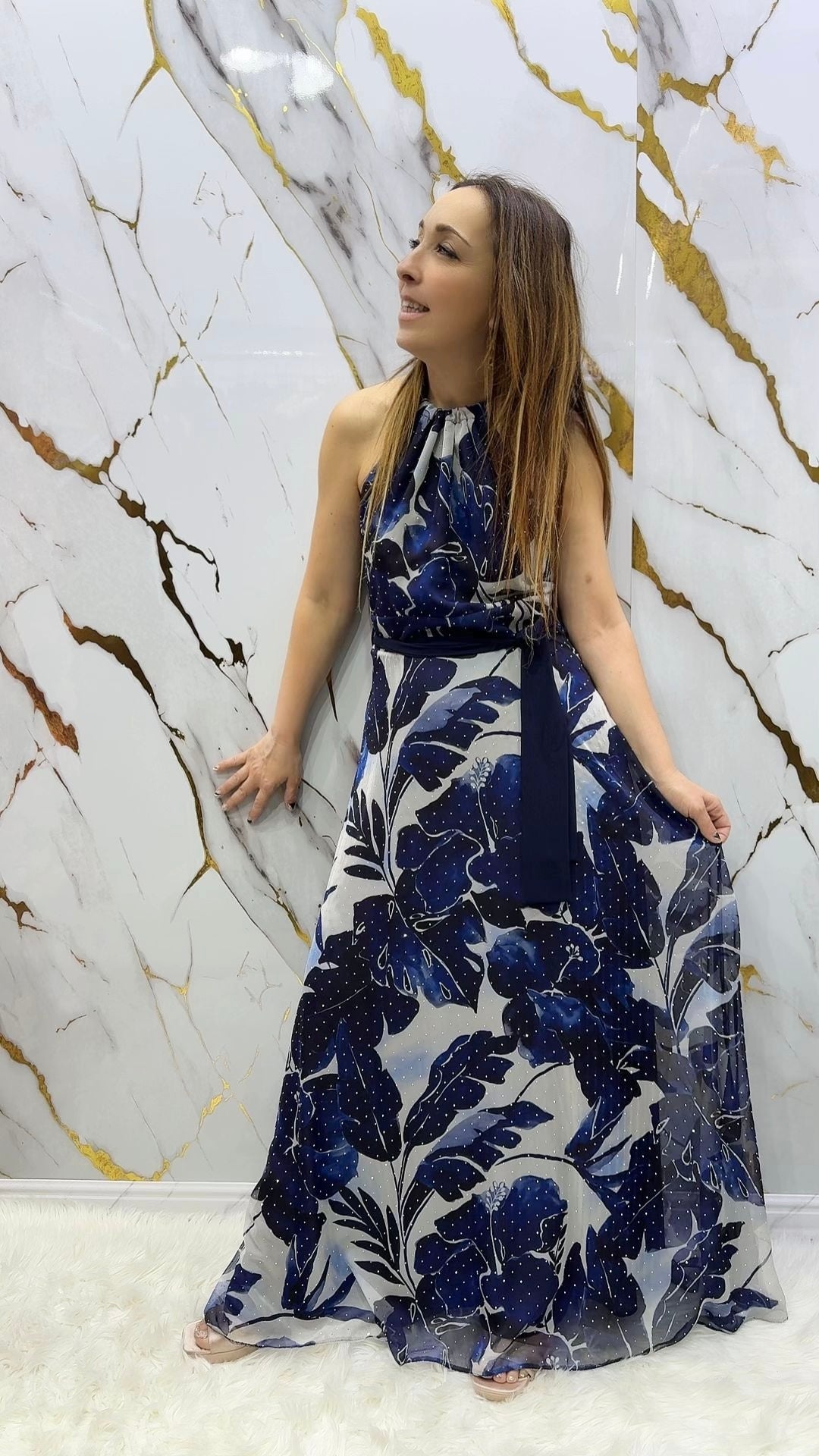 Abito lungo Pdk cerimonia fantasia blu con applicazioni strass