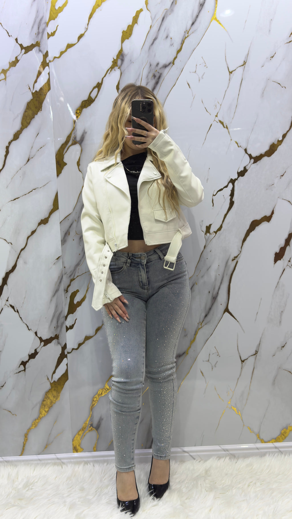 Jeans skinny elasticizzato con applicazioni in strass