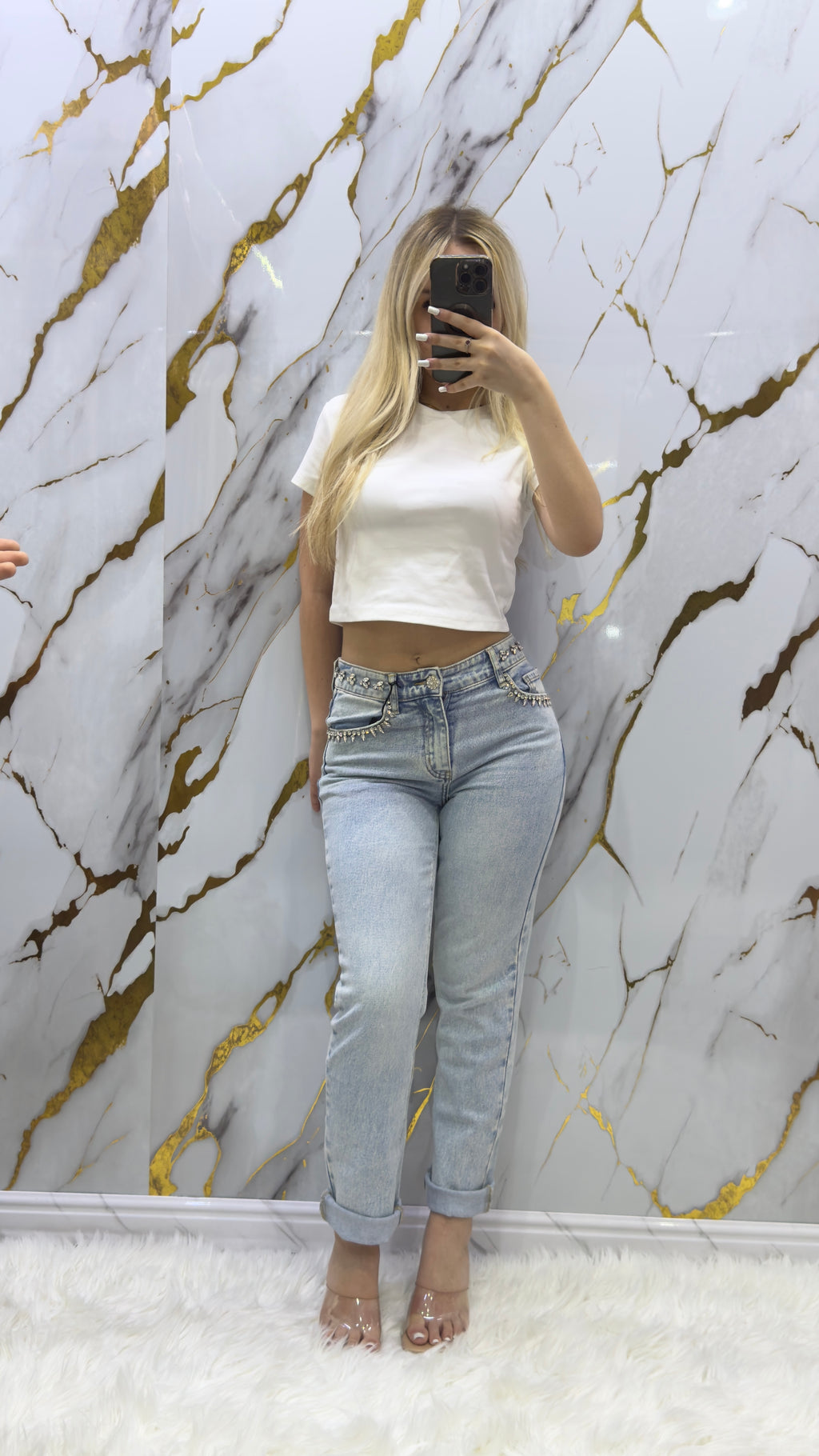 Top Jeans diritto chiaro leggermente elasticizzato con applicazioni strass