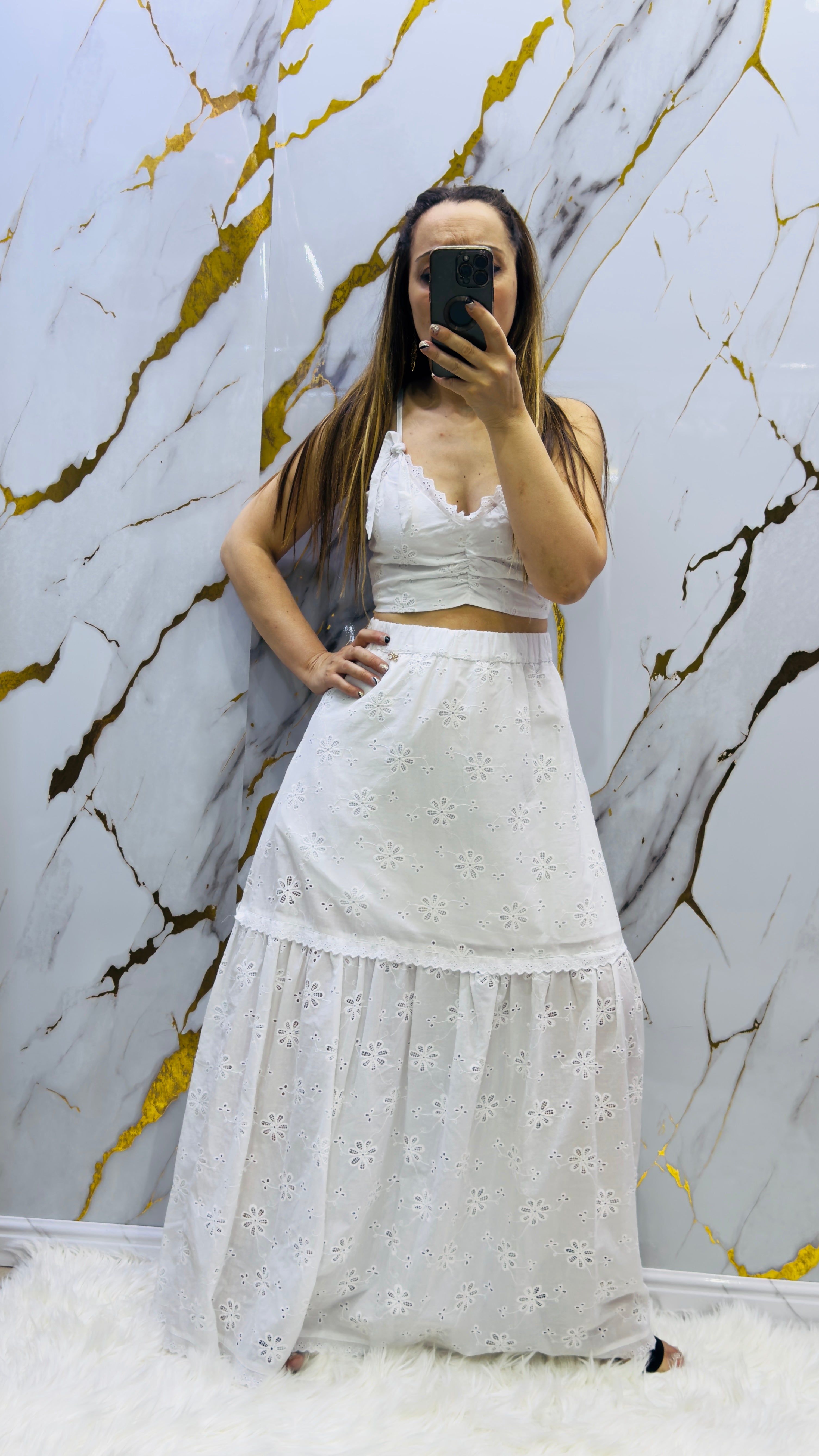 Coordinato gonna lunga e top Sarah Chole in pizzo San gallo totalmente in cotone