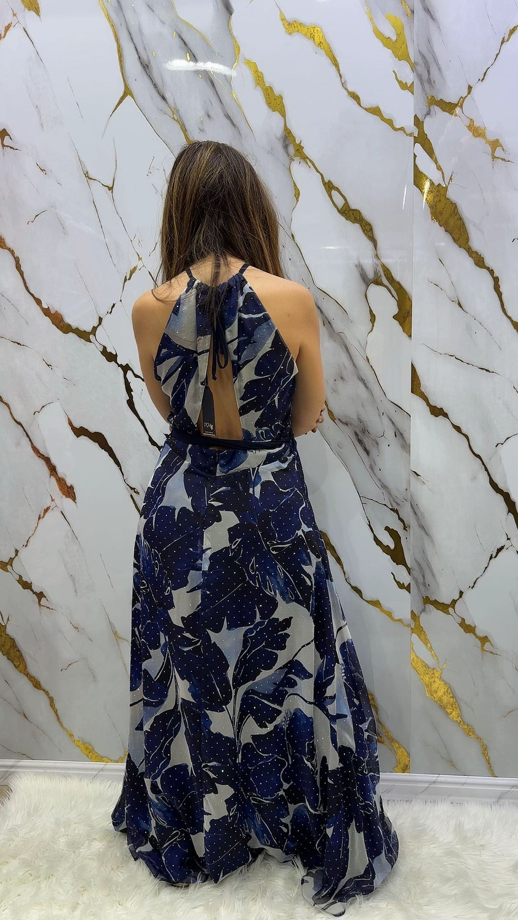 Abito lungo Pdk cerimonia fantasia blu con applicazioni strass