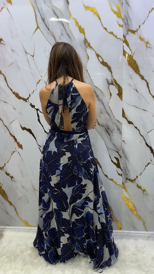 Abito lungo Pdk cerimonia fantasia blu con applicazioni strass
