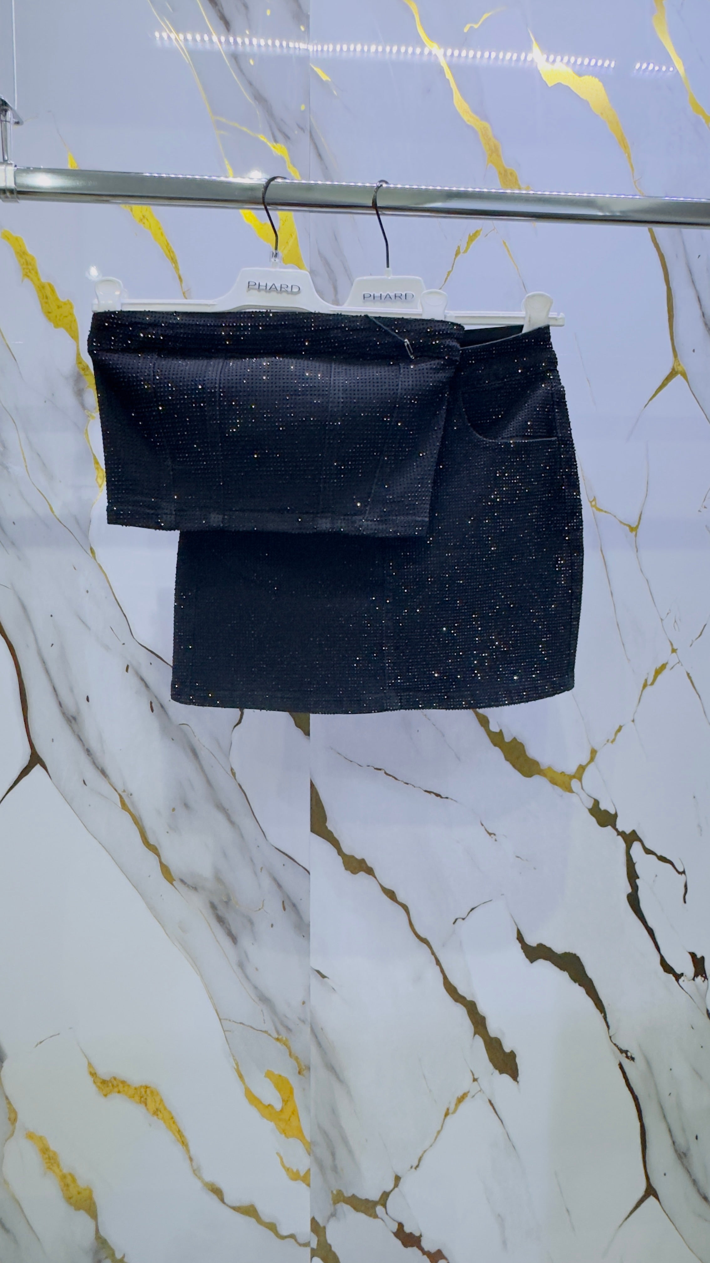 Coordinato gonna e top 2 pezzi in jeans e strass