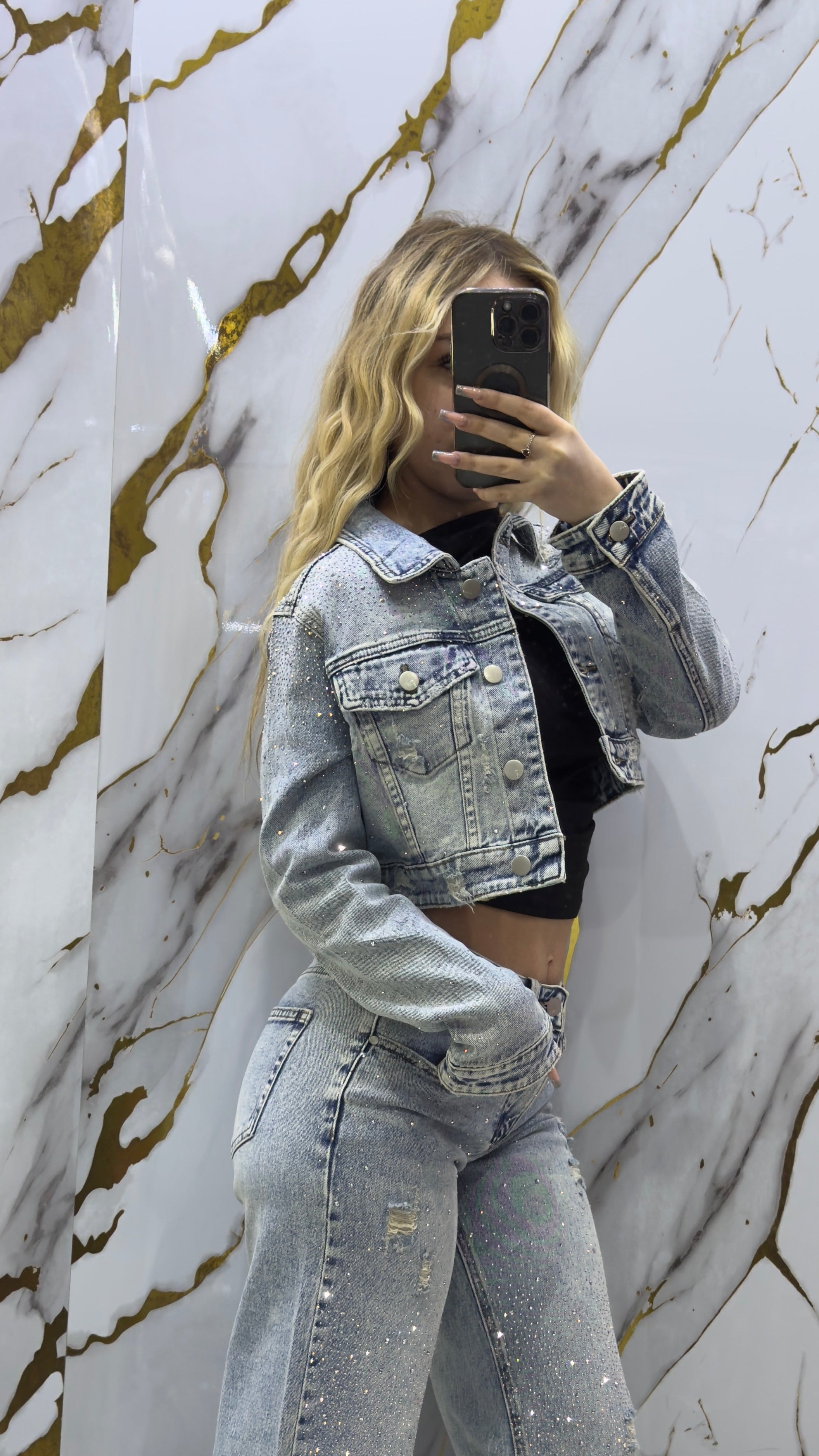 Giubbino crop in tessuto Denim