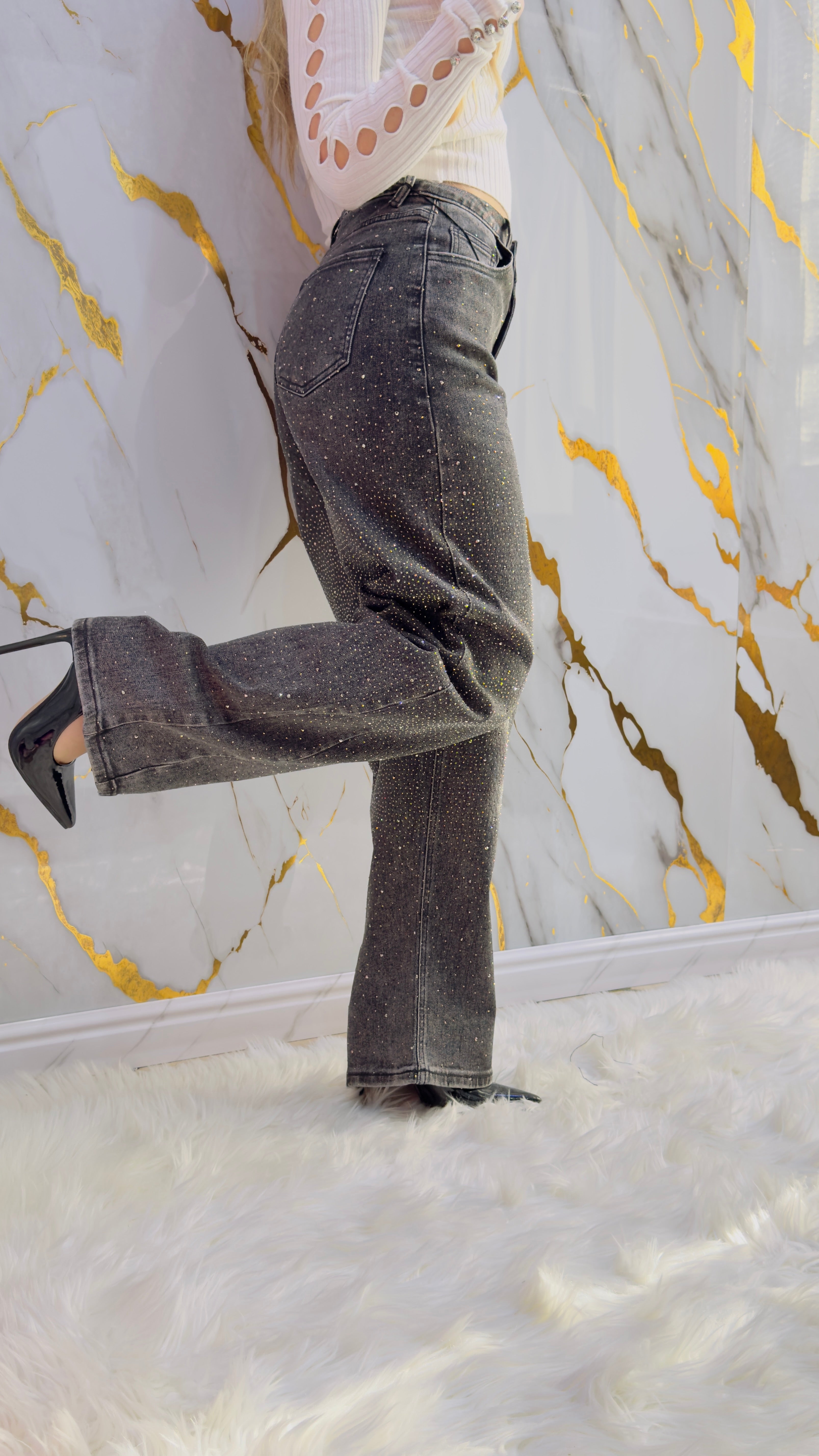 Jeans balloon Top elasticizzato grigio con applicazioni