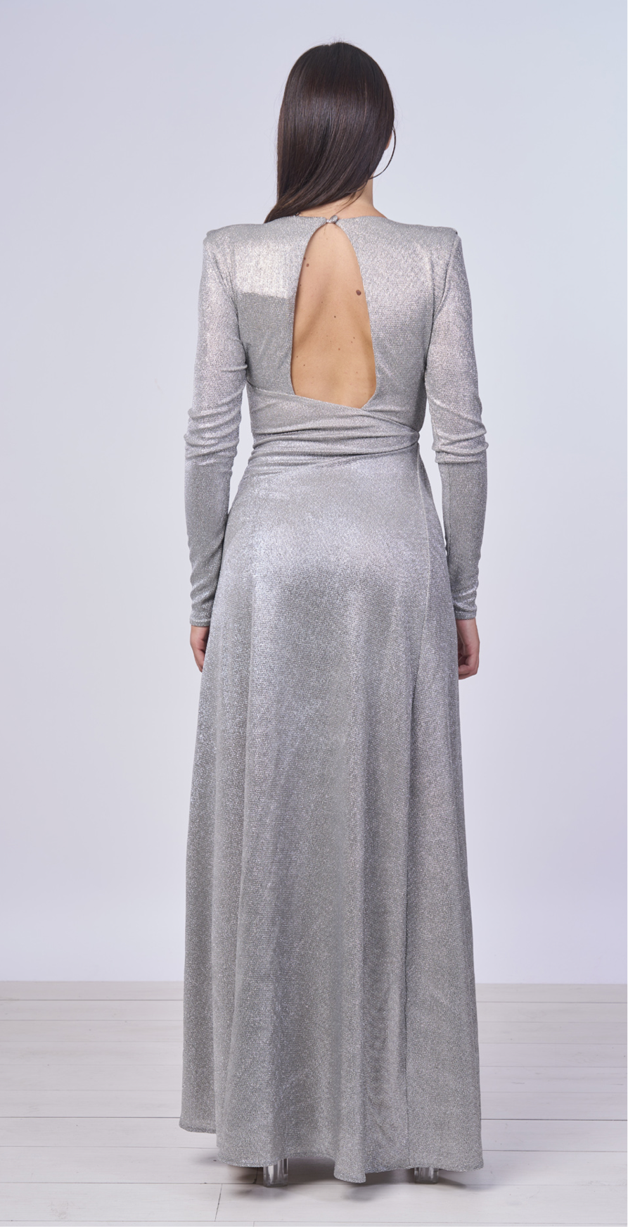 Abito elegante Sarah Chole diamonds tessuto Lurex grigio argento elasticizzato