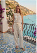 Coordinato Pdk pantalone e blusa in lino con pizzo a cerchio nei lati