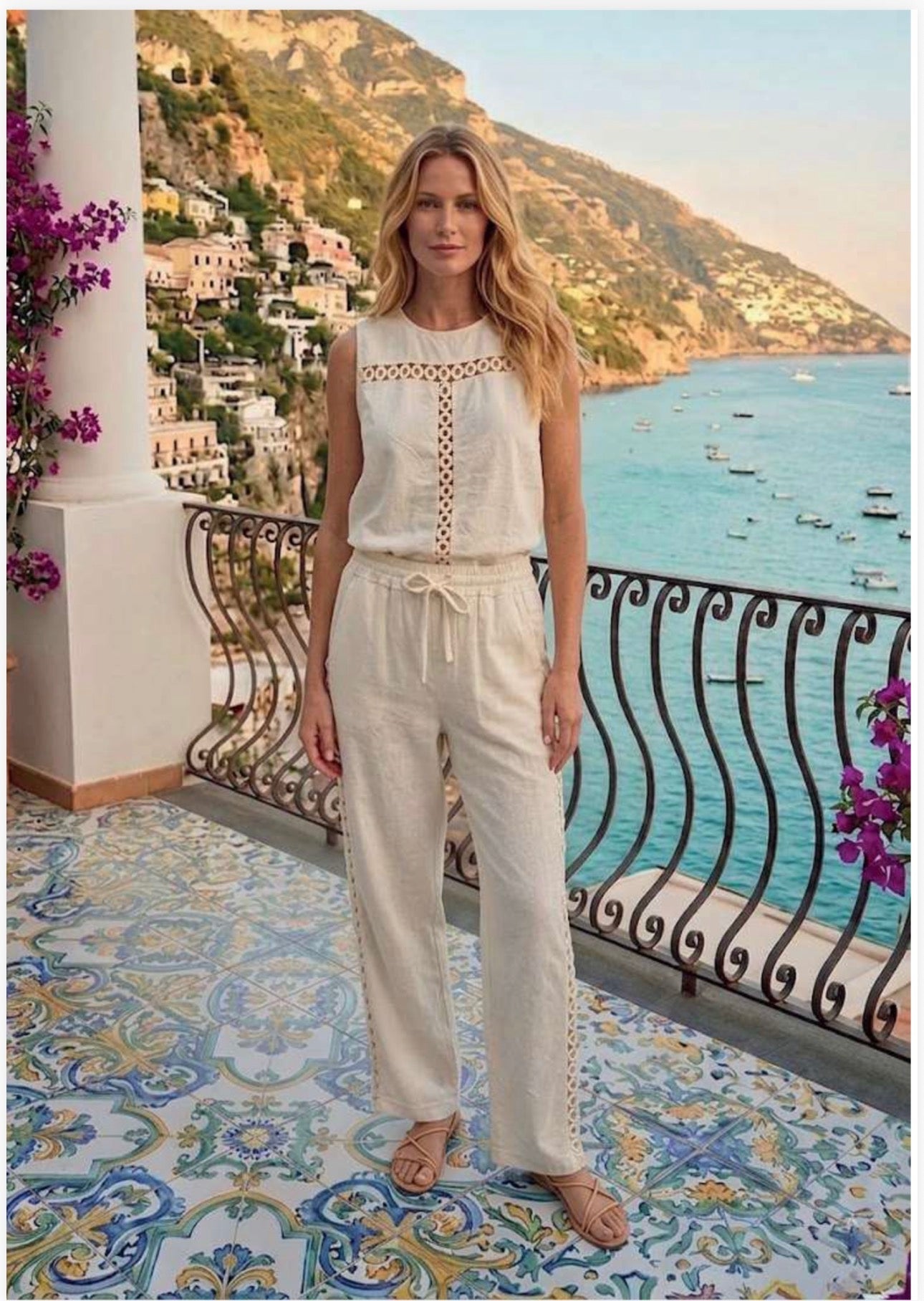 Coordinato Pdk pantalone e blusa in lino con pizzo a cerchio nei lati