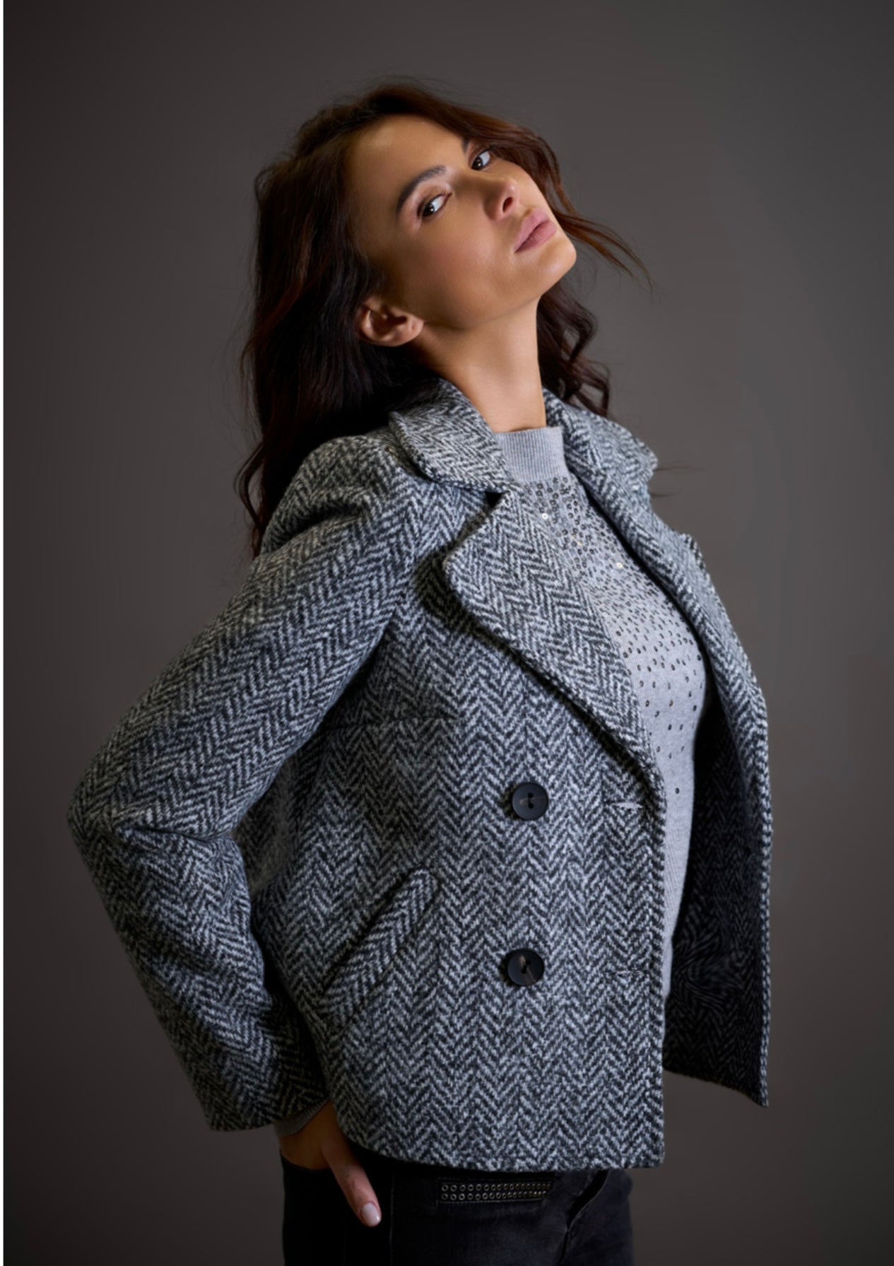 Cappotto corto Pdk spigato grigio doppio petto