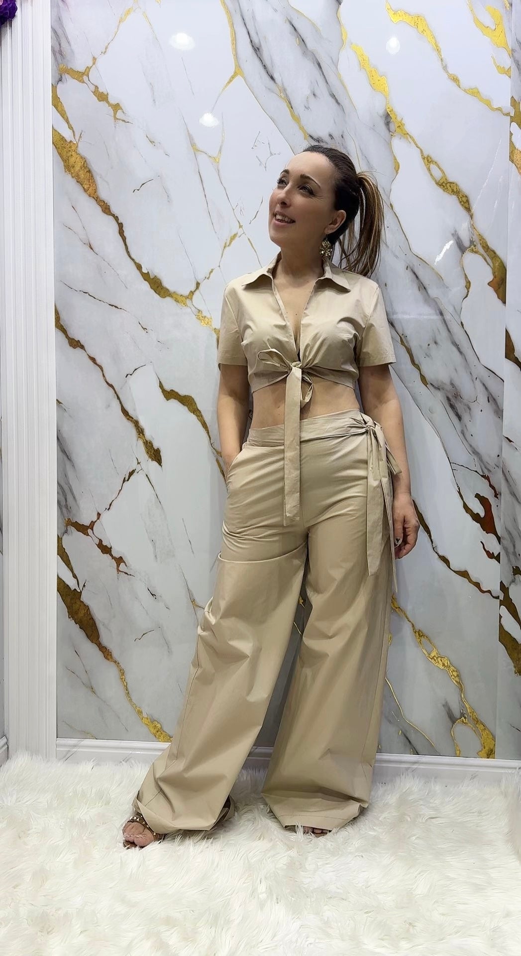Coordinato Sarah Chole crop con laccetto e pantalone a palazzo in cotone