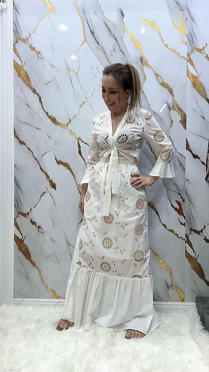 Gonna lunga  Sarah Chole in cotone con ricami a contrasto