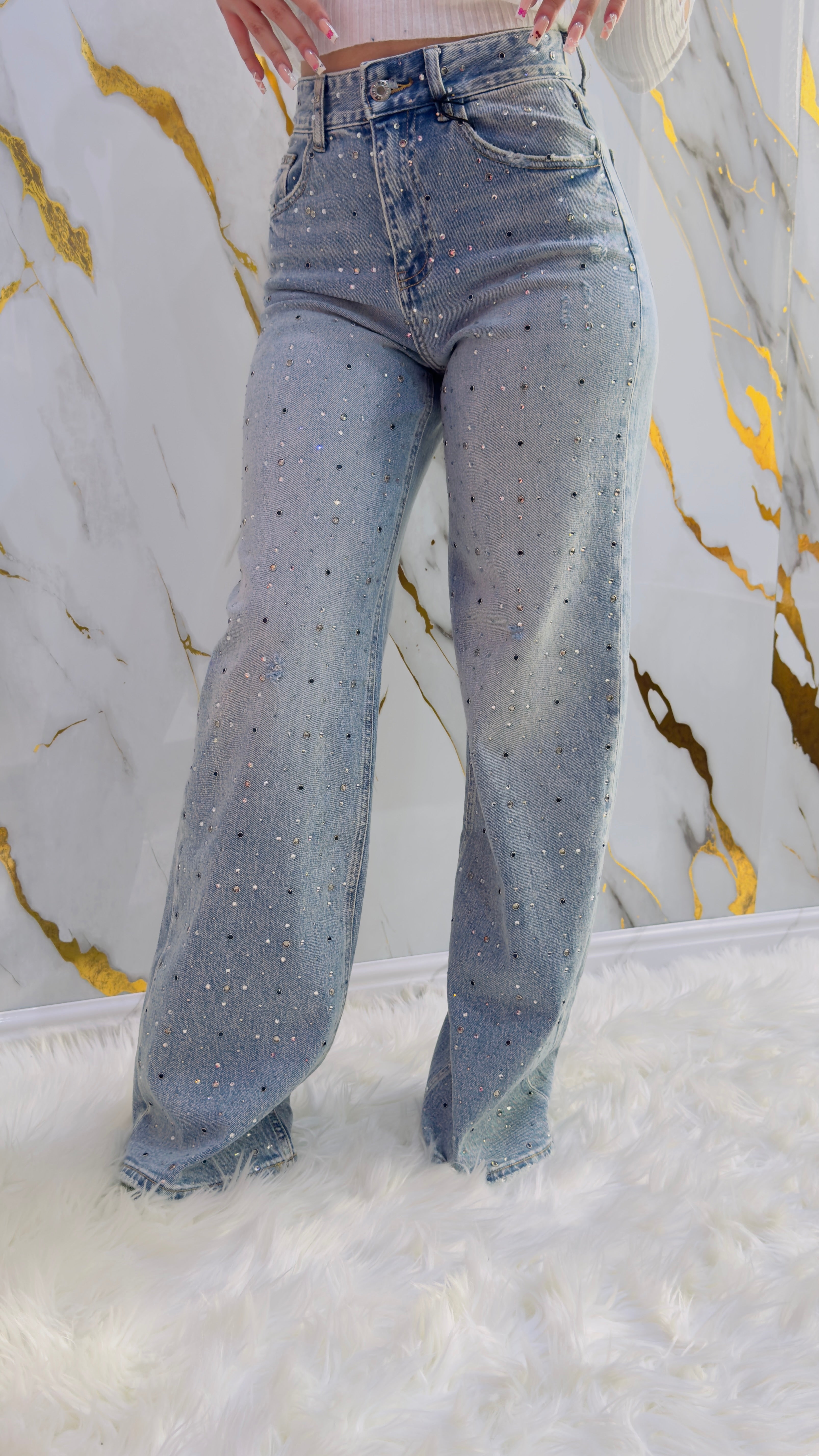 Jeans a palazzo Top con applicazioni strass leggermente elasticizzato