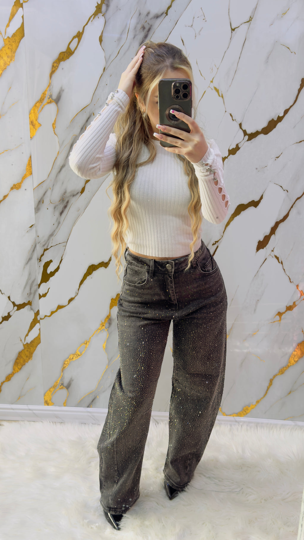 Jeans balloon Top elasticizzato grigio con applicazioni