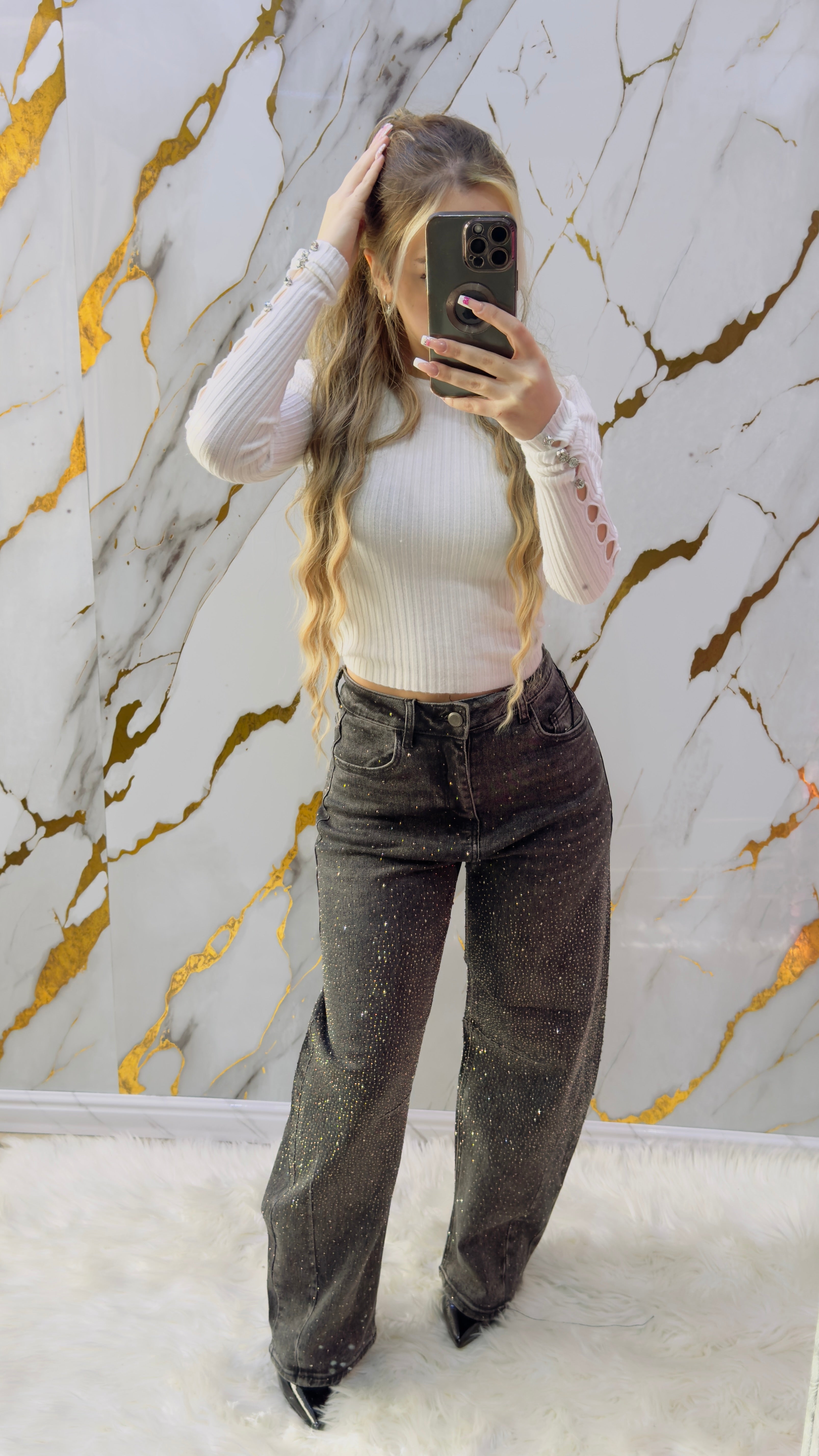 Jeans balloon Top elasticizzato grigio con applicazioni