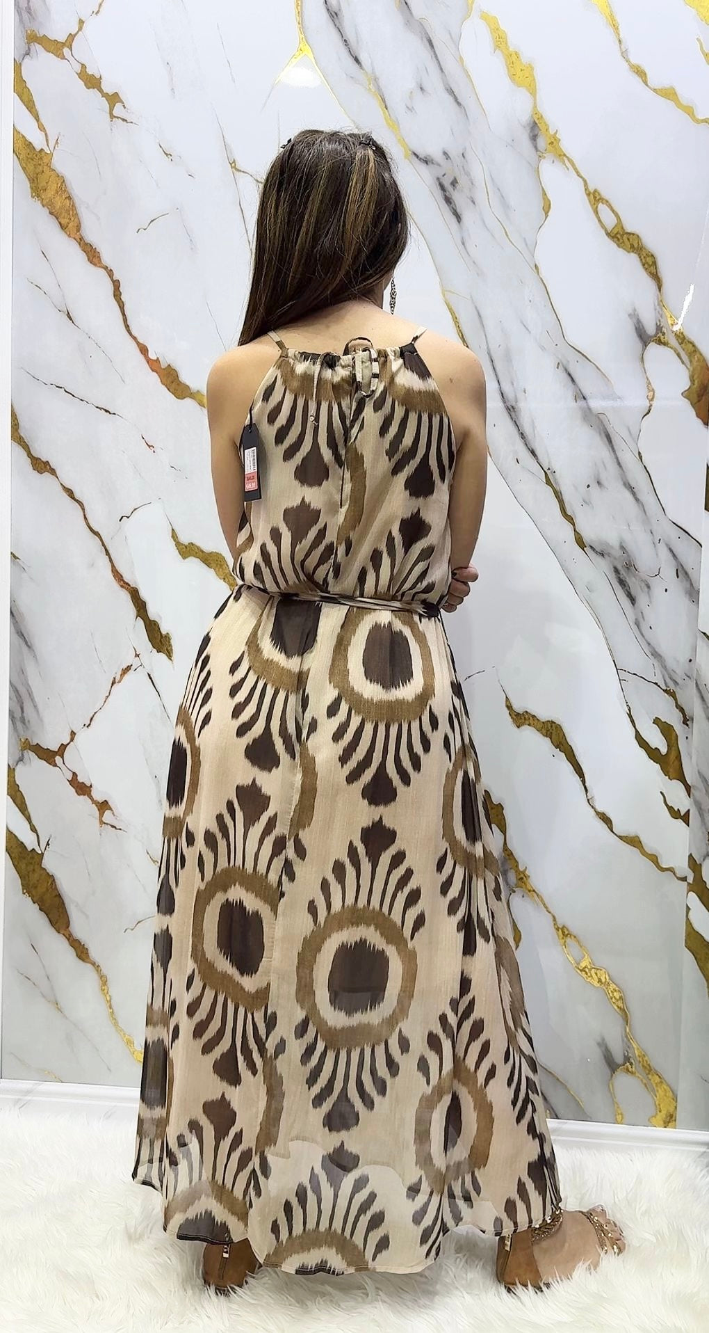 Abito lungo Pdk in fantasia beige con laccetto regolabile