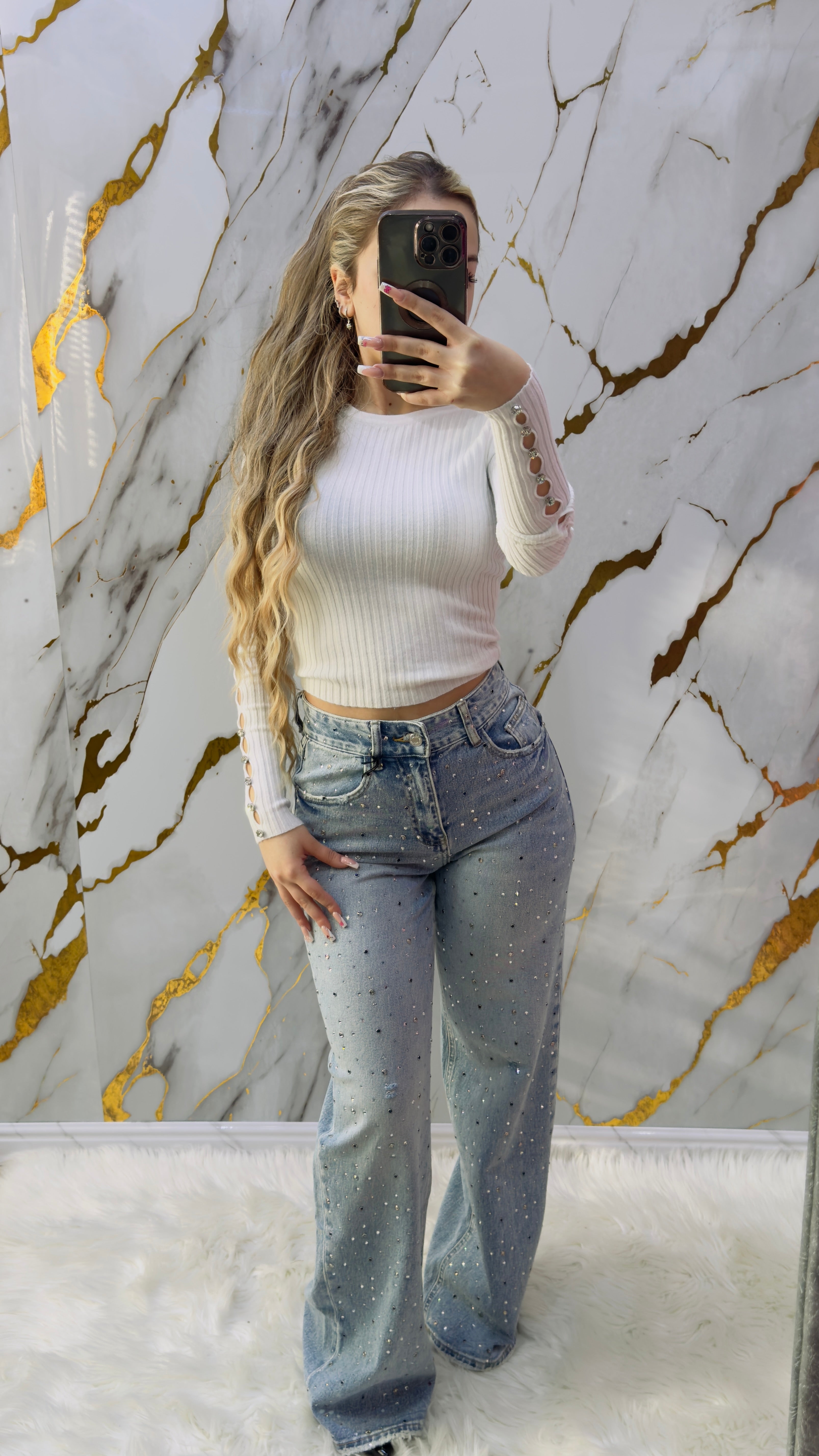 Jeans a palazzo Top con applicazioni strass leggermente elasticizzato