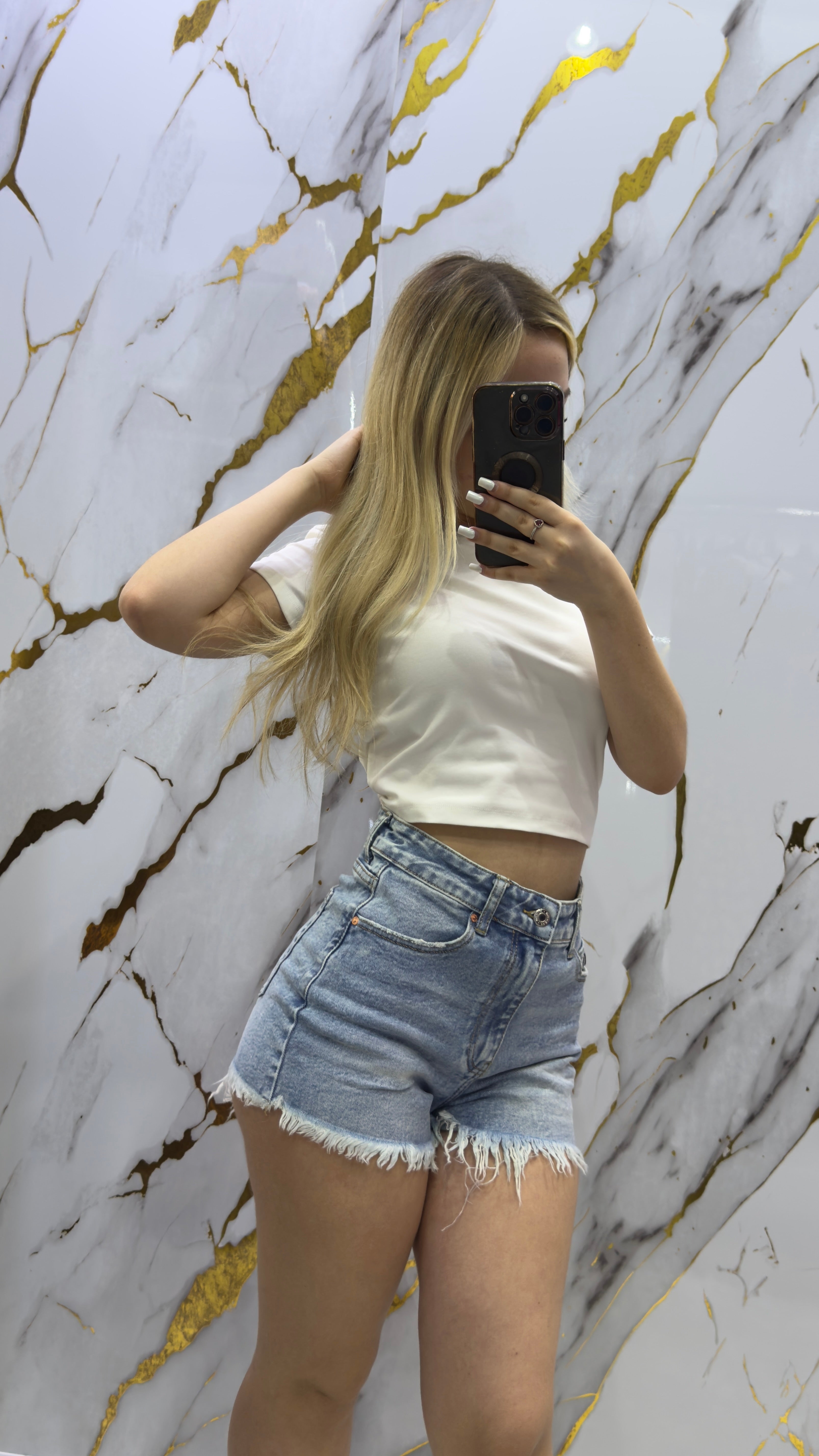 Shorts Top Denim elasticizzato frangiato