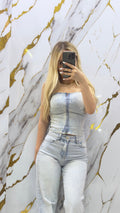 Jeans chiaro a palazzo chiaro elasticizzato con applicazioni strass