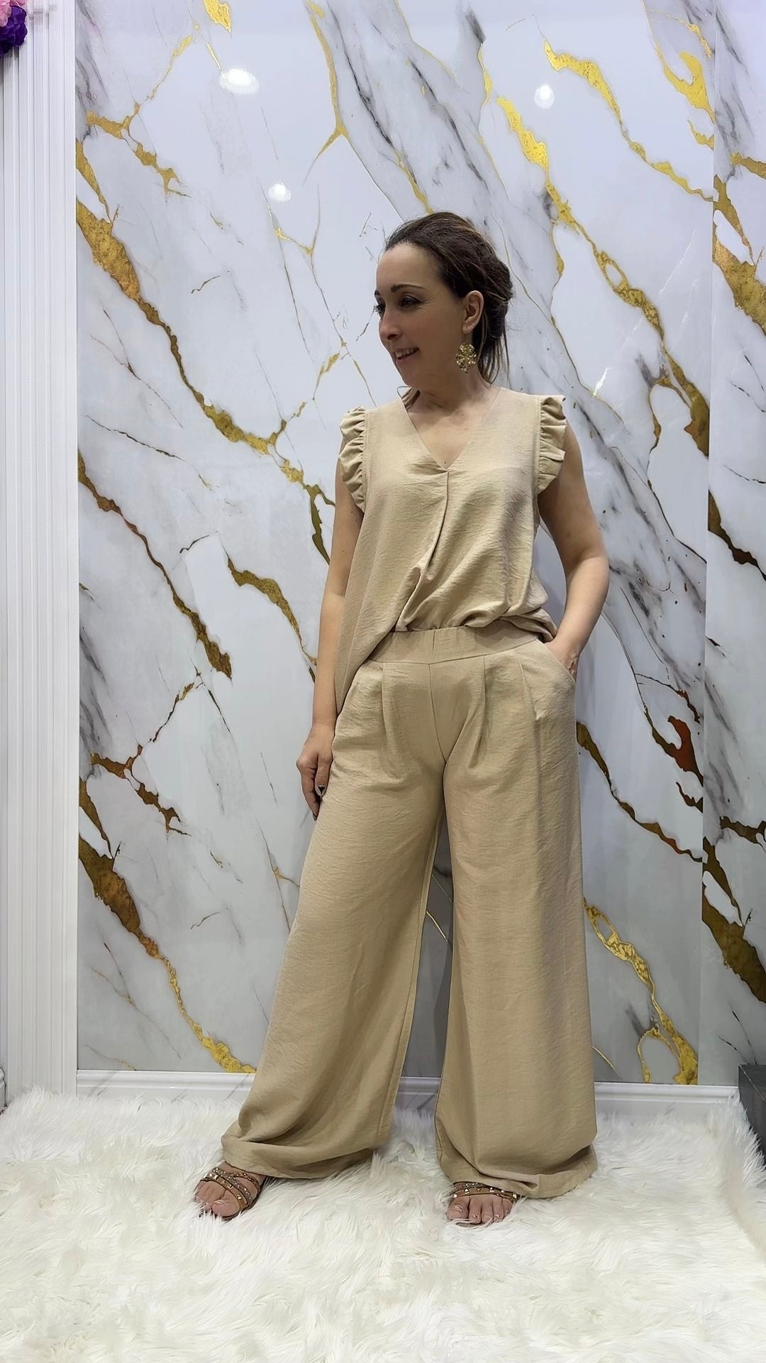 Coordinato pdk pantalone a palazzo e blusa tinta unita