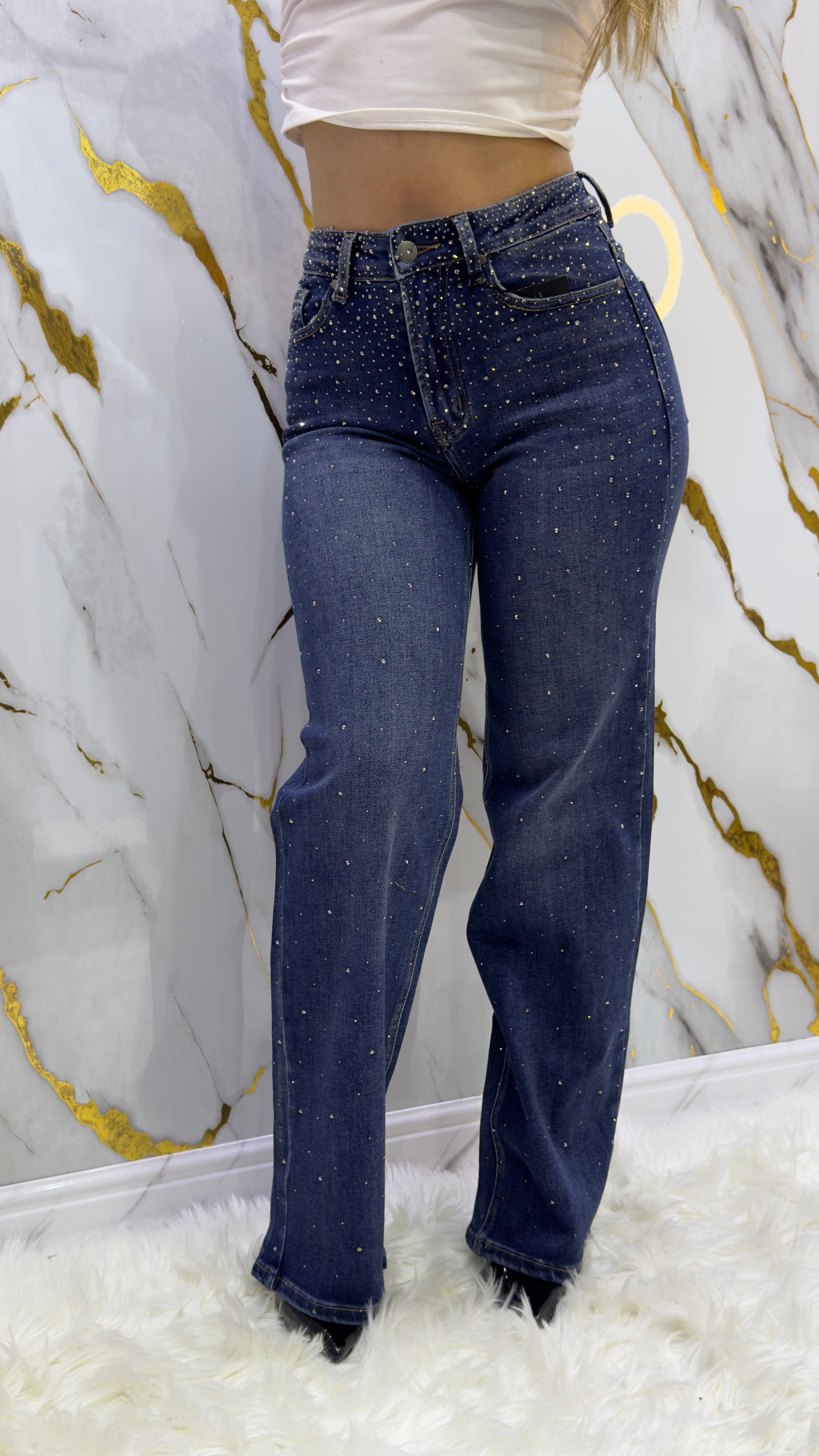 Jeans a palazzo elasticizzato con applicazioni in strass